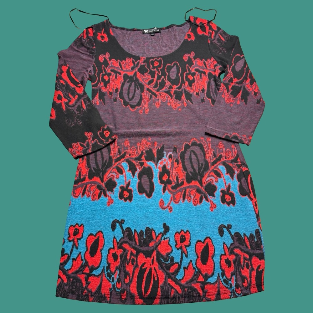 Papillon Womens M Black Red Blue Floral Knit Tunic Dress Top Boho Fleece